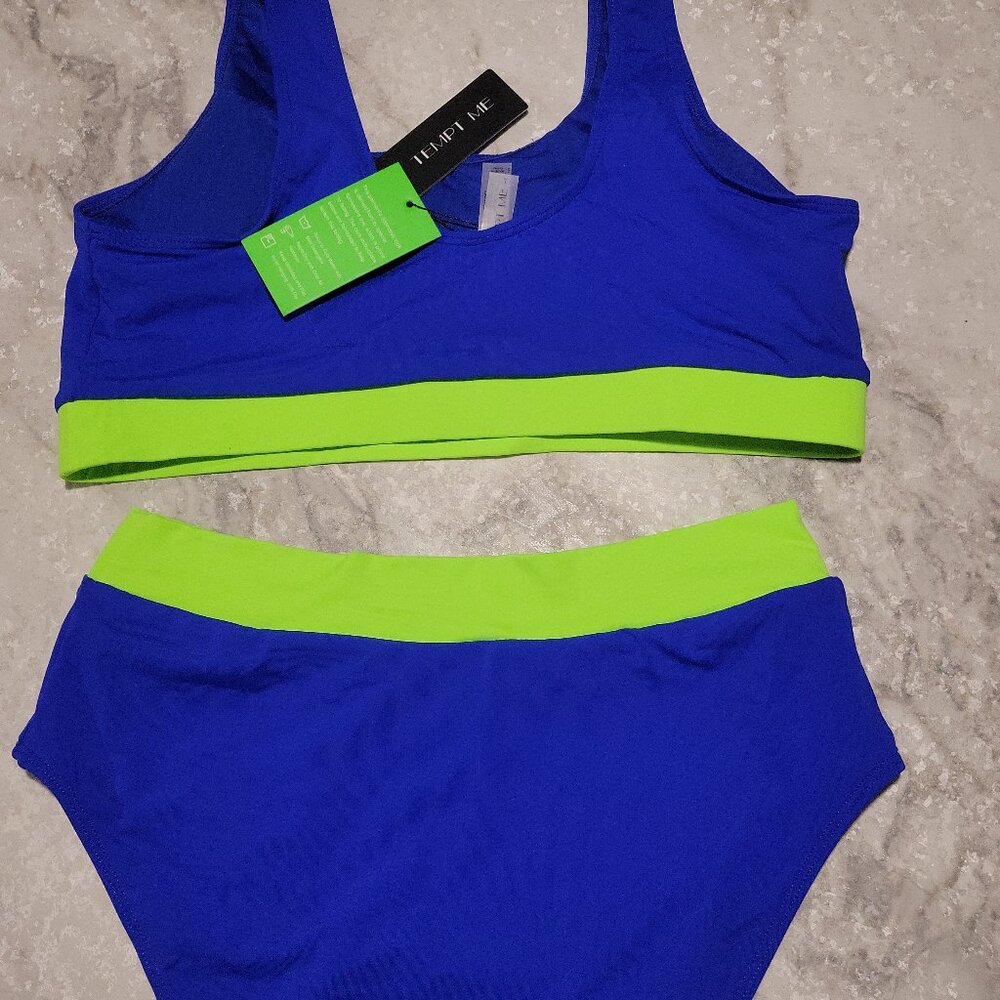 Tempt Me Blue & Neon Green Colorblock Bikini Set | High-Waist V-Front | Large NW